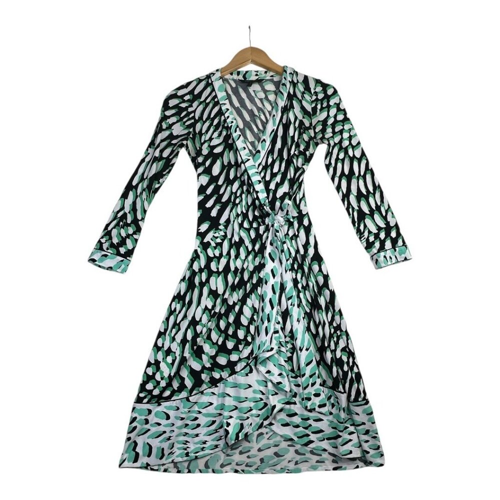 BCBGMaxaria Faux Wrap Longβ Sleeve Dress size XXS Green/Black AS IS